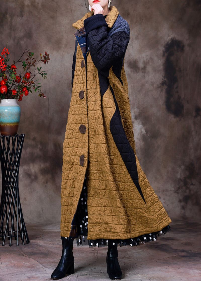 Kvinner Gul Stativ Krage Patchwork Button Avtagbar Bomull Maxi Coats Langermet - Vinterfrakker for kvinner