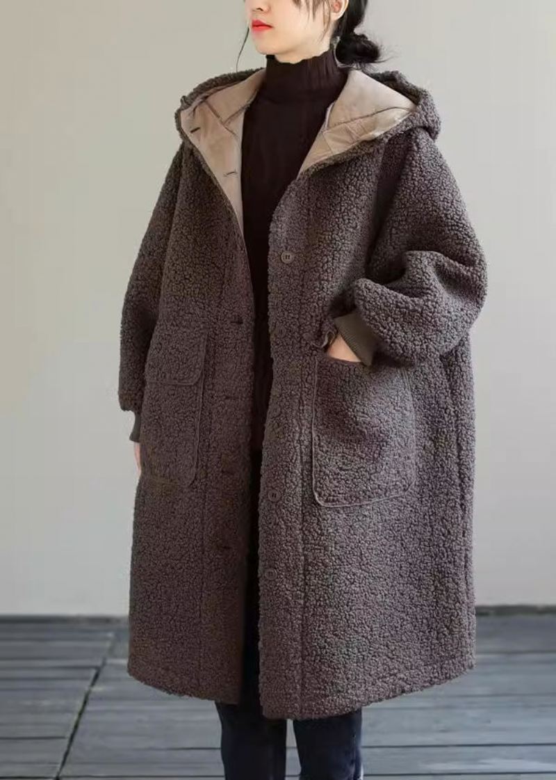 Kvinner Kaffe Hette Knapp Faux Fur Vinterfrakk