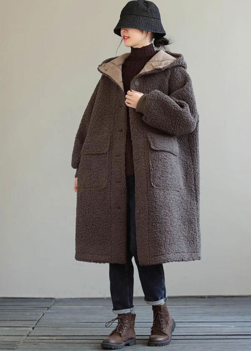 Kvinner Kaffe Hette Knapp Faux Fur Vinterfrakk - Vinterfrakker for kvinner