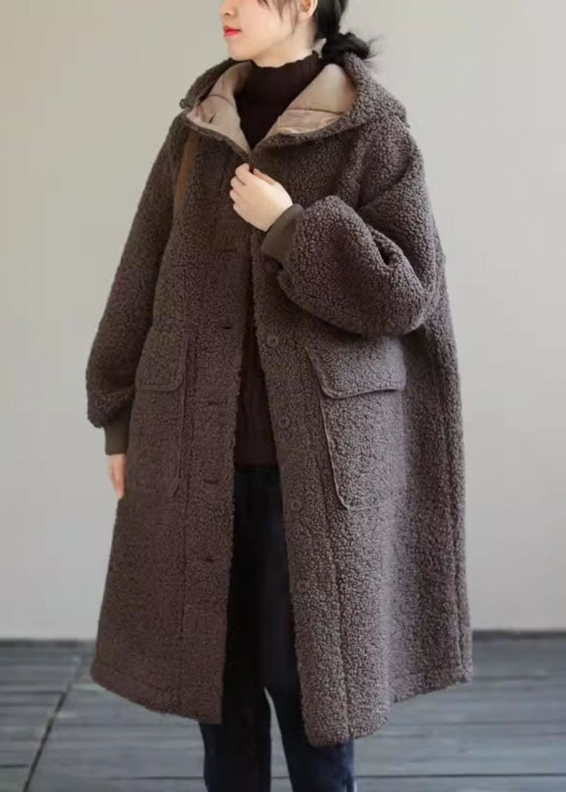 Kvinner Kaffe Hette Knapp Faux Fur Vinterfrakk - Vinterfrakker for kvinner