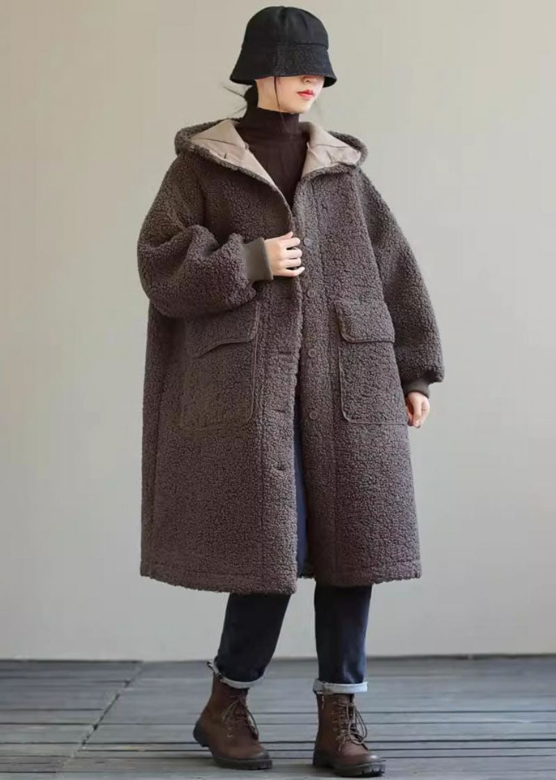 Kvinner Kaffe Hette Knapp Faux Fur Vinterfrakk - Vinterfrakker for kvinner