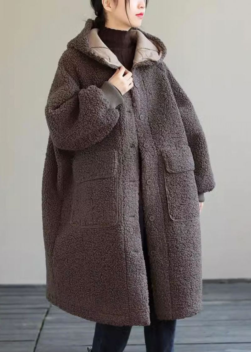 Kvinner Kaffe Hette Knapp Faux Fur Vinterfrakk - Vinterfrakker for kvinner