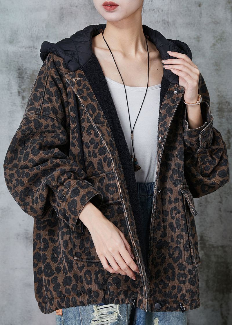 Kvinner Kaffe Hette Leopard Print Varm Fleece Coat Spring