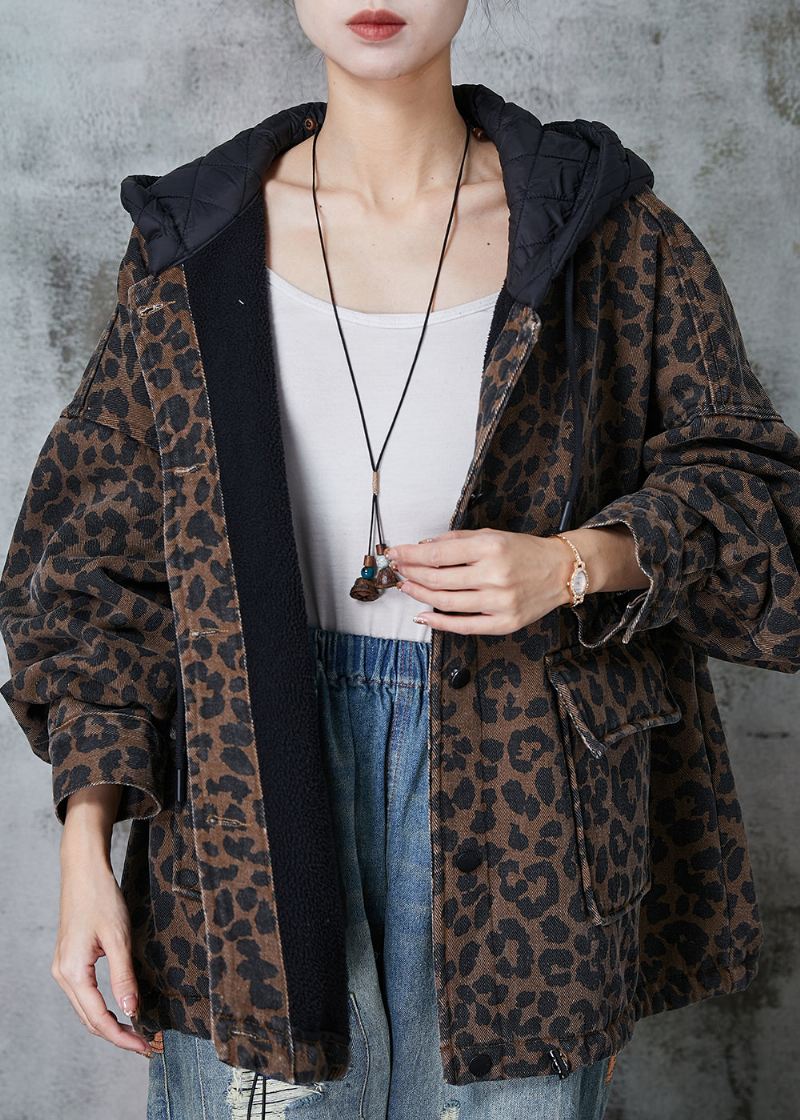 Kvinner Kaffe Hette Leopard Print Varm Fleece Coat Spring - Vinterfrakker for kvinner