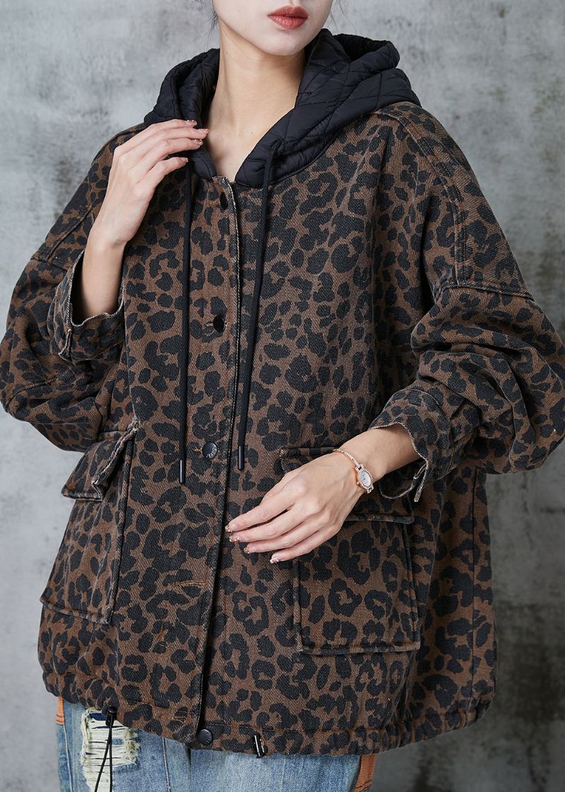 Kvinner Kaffe Hette Leopard Print Varm Fleece Coat Spring - Vinterfrakker for kvinner