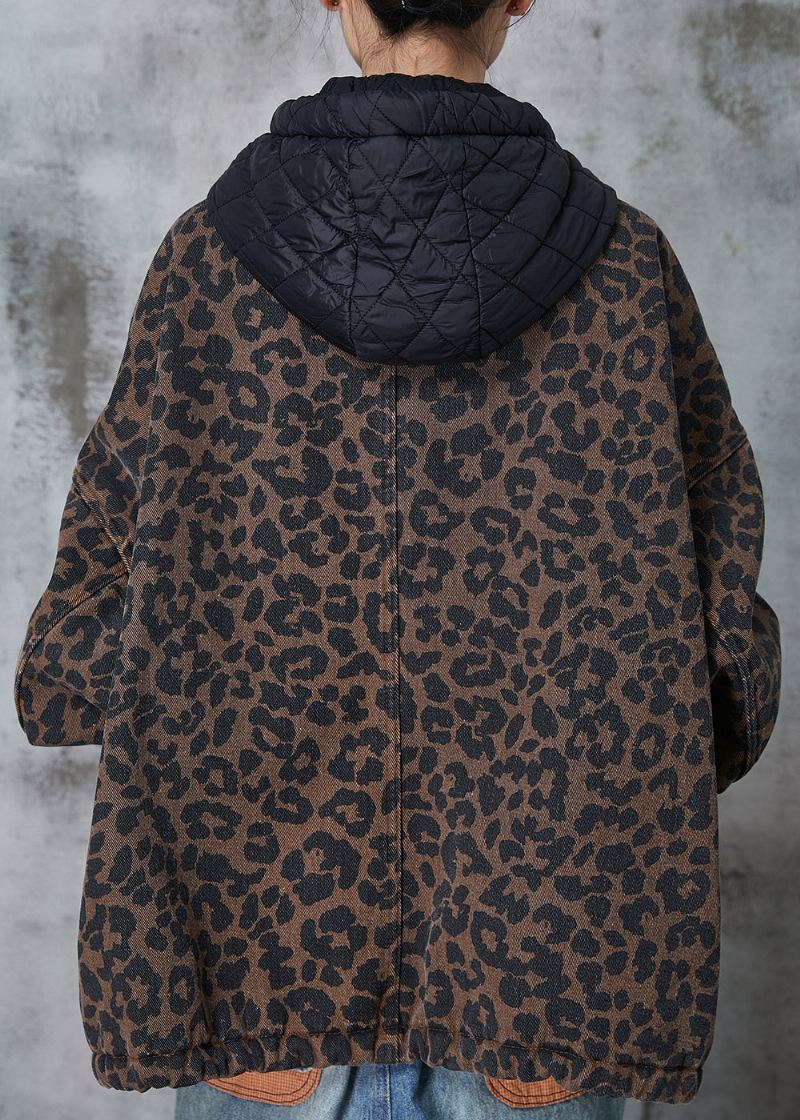 Kvinner Kaffe Hette Leopard Print Varm Fleece Coat Spring - Vinterfrakker for kvinner