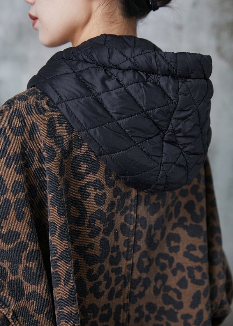 Kvinner Kaffe Hette Leopard Print Varm Fleece Coat Spring - Vinterfrakker for kvinner