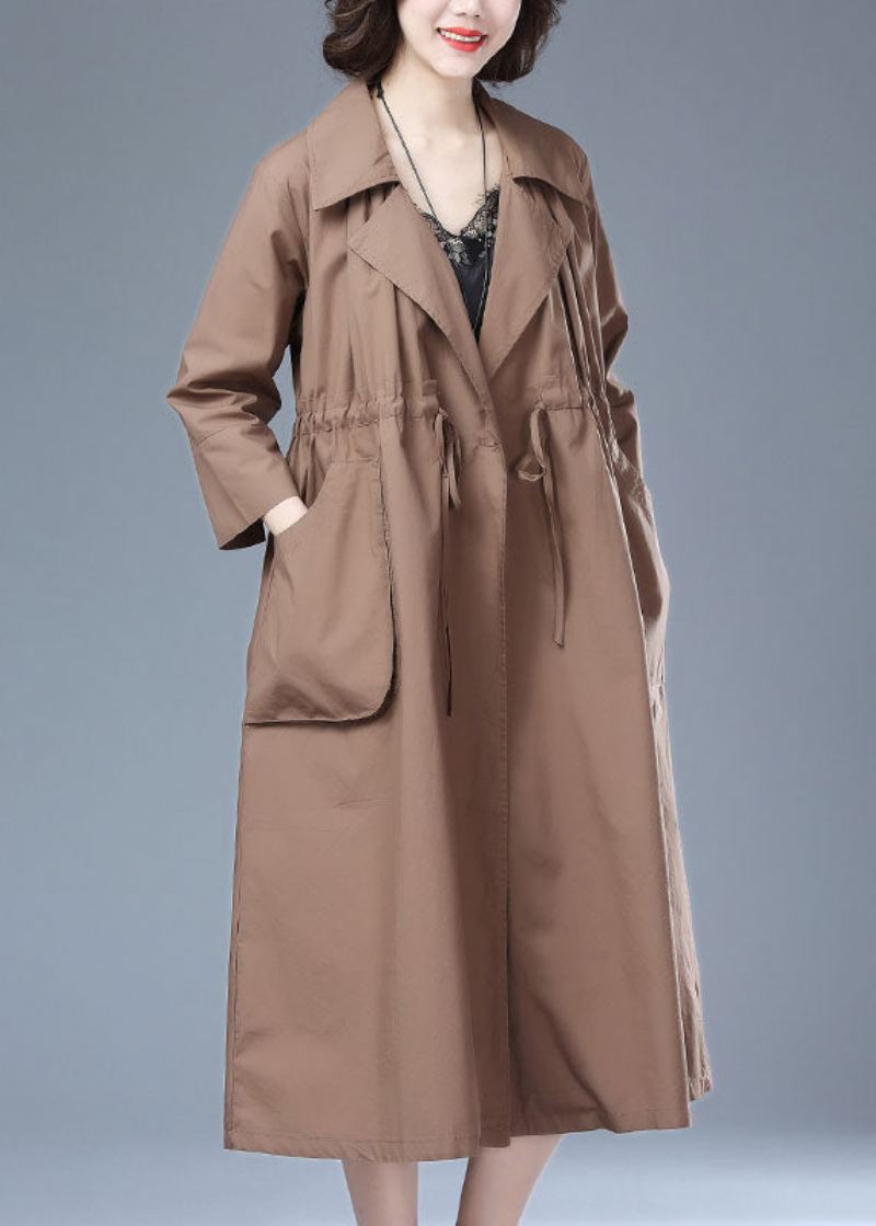 Kvinner Khaki Lommer Snøring Patchwork Bomull Lang Trench Coat Armbånd Erme