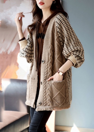 Kvinner Khaki V-hals Plaid Patchwork Dusk Strikk Kåper Høst