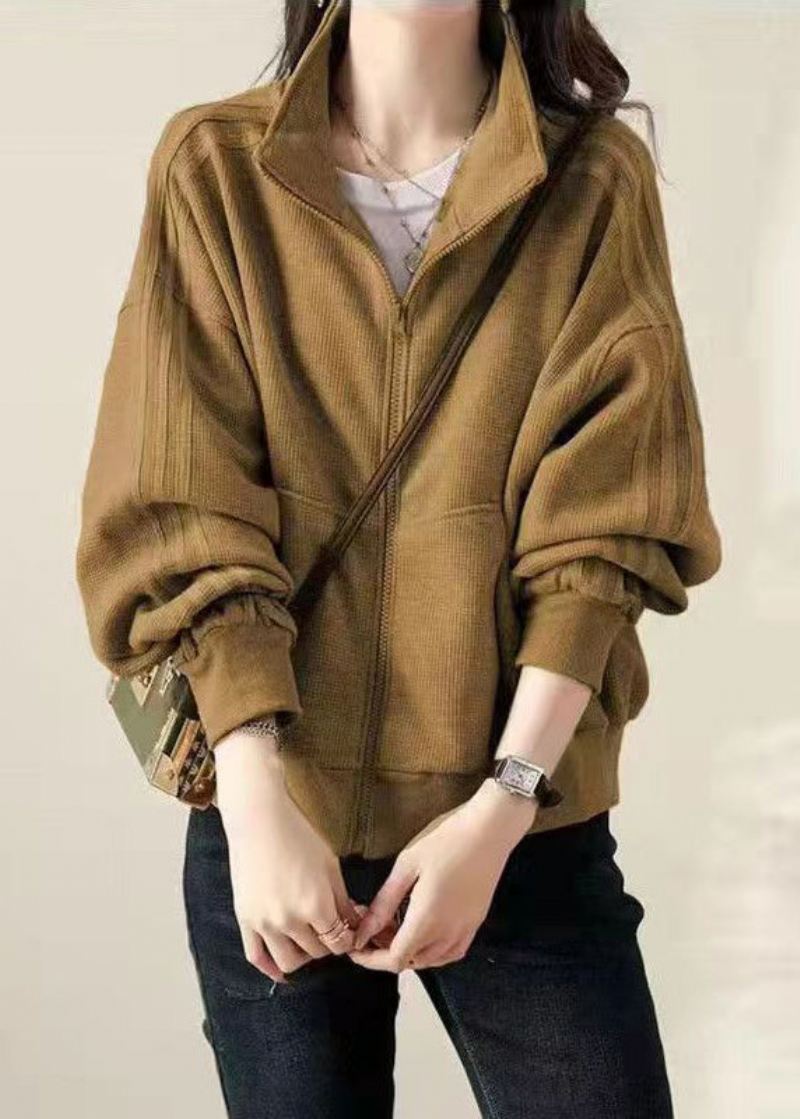 Kvinner Khaki Zip Up Lommer Patchwork Cotton Coat Fall