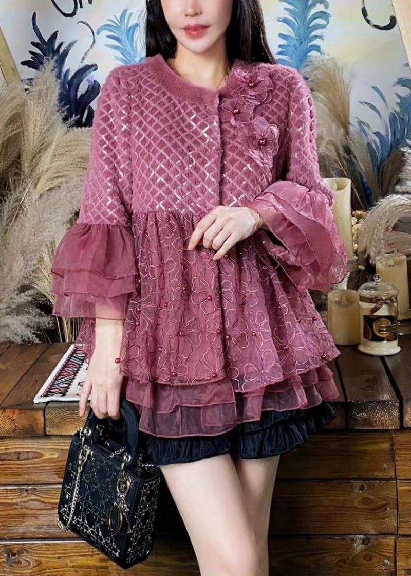 Kvinner Lilla Ruffled Tyll Floral Patchwork Mink Velvet Coats Vinter