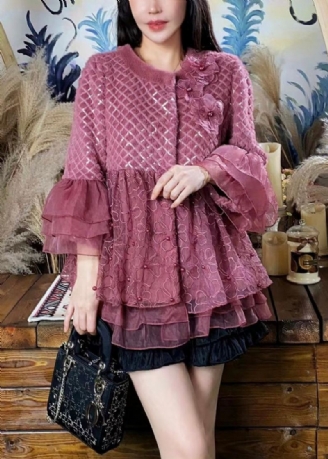 Kvinner Lilla Ruffled Tyll Floral Patchwork Mink Velvet Coats Vinter