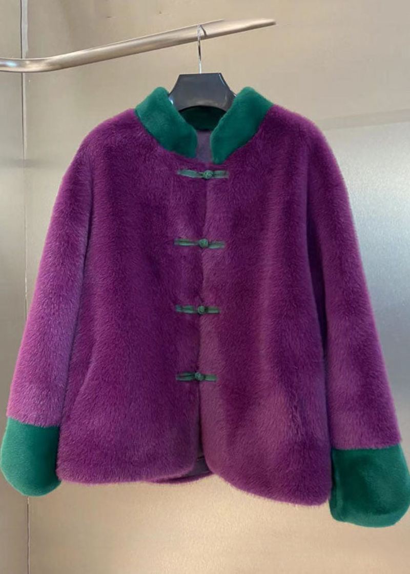 Kvinner Lilla Stativ Krage Patchwork Orientalsk Button Mink Velvet Coats Vinter