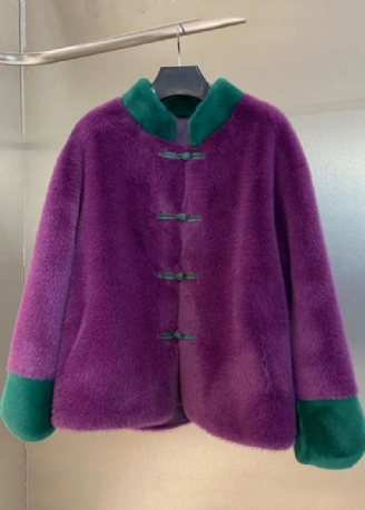 Kvinner Lilla Stativ Krage Patchwork Orientalsk Button Mink Velvet Coats Vinter