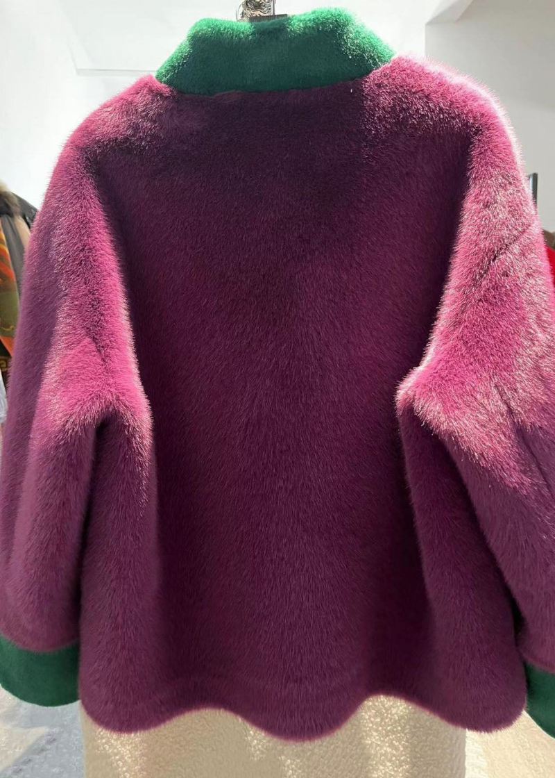 Kvinner Lilla Stativ Krage Patchwork Orientalsk Button Mink Velvet Coats Vinter - Vinterfrakker for kvinner