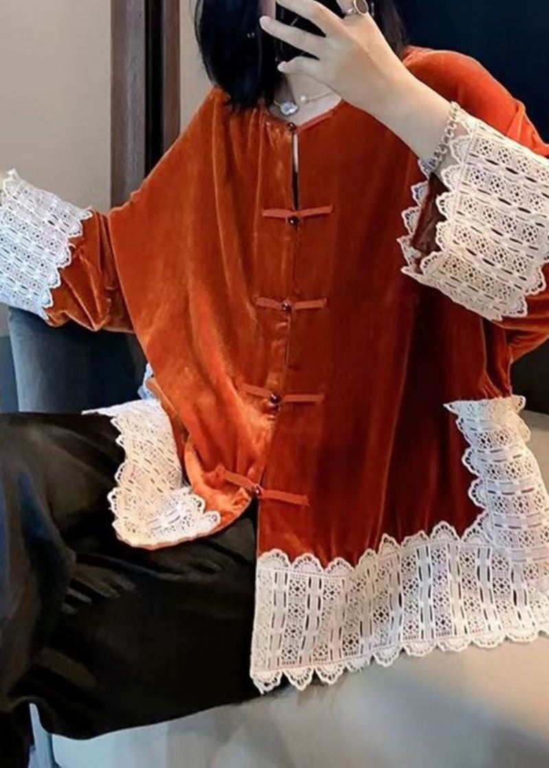 Kvinner Oransje Blonder Patchwork Silke Velour Kåper Langermet