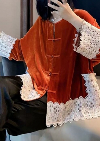 Kvinner Oransje Blonder Patchwork Silke Velour Kåper Langermet