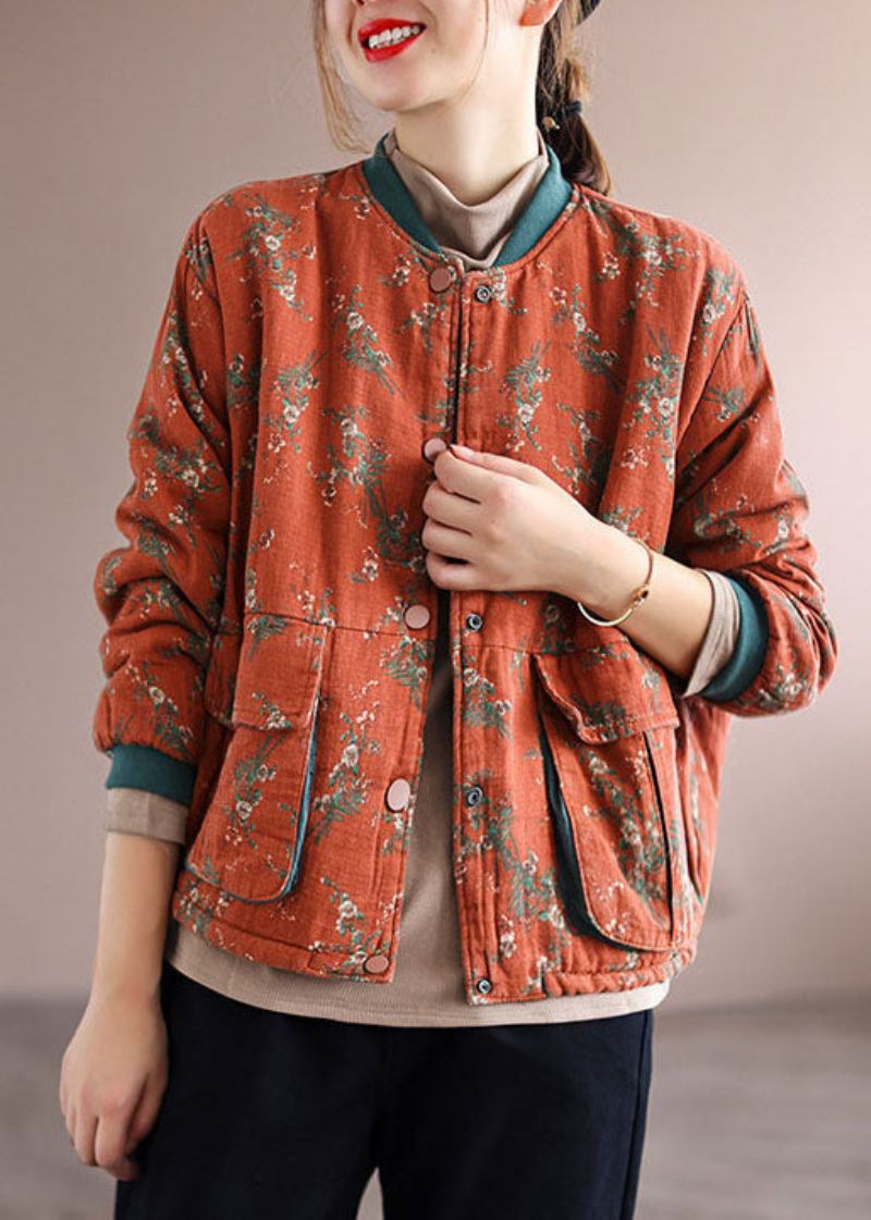 Kvinner Oransje Lommer Print Fine Cotton Fylt Coats Spring