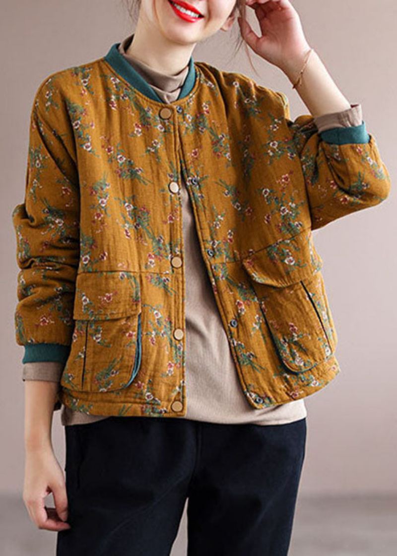 Kvinner Oransje Lommer Print Fine Cotton Fylt Coats Spring - Gul