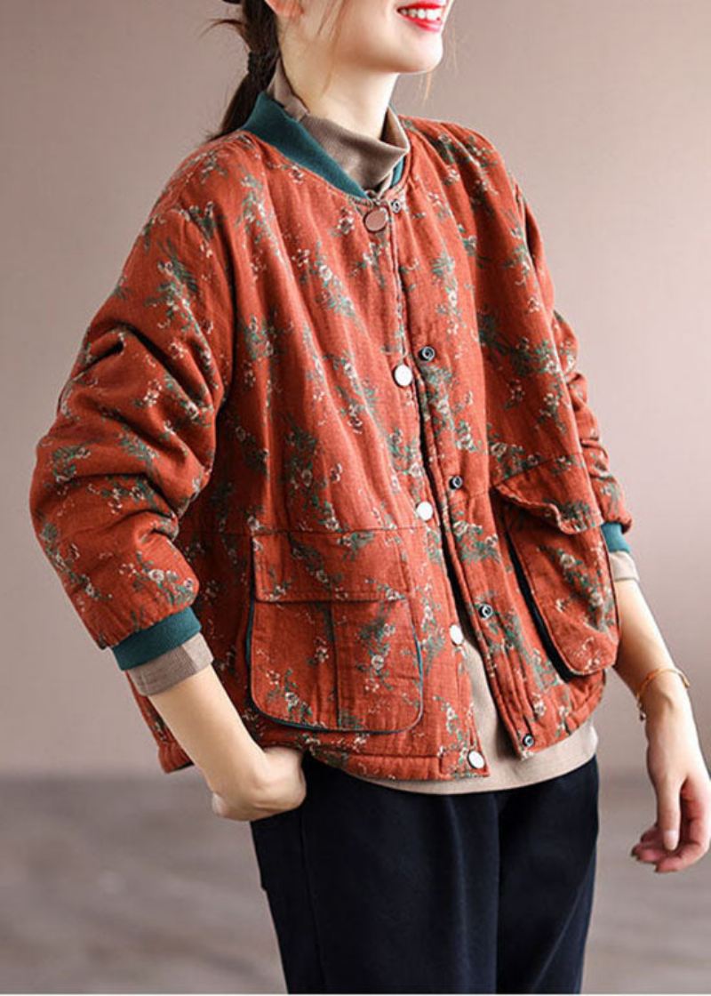 Kvinner Oransje Lommer Print Fine Cotton Fylt Coats Spring - Gul