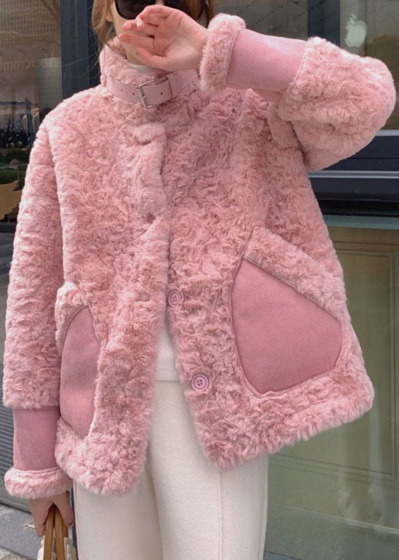 Kvinner Rosa Stativ Krage Lommer Faux Fur Vinterfrakker