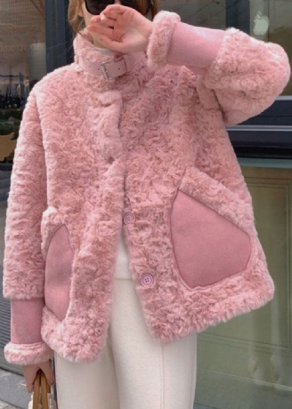 Kvinner Rosa Stativ Krage Lommer Faux Fur Vinterfrakker