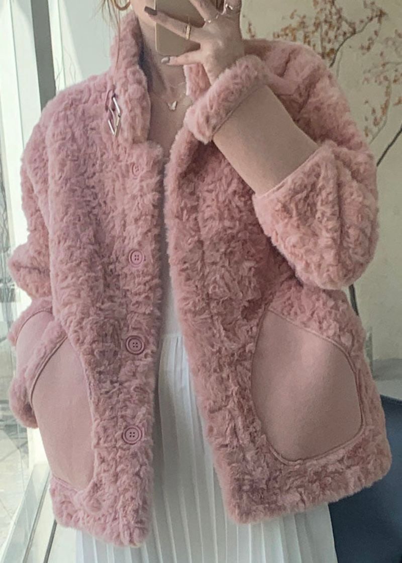 Kvinner Rosa Stativ Krage Lommer Faux Fur Vinterfrakker - Rosa