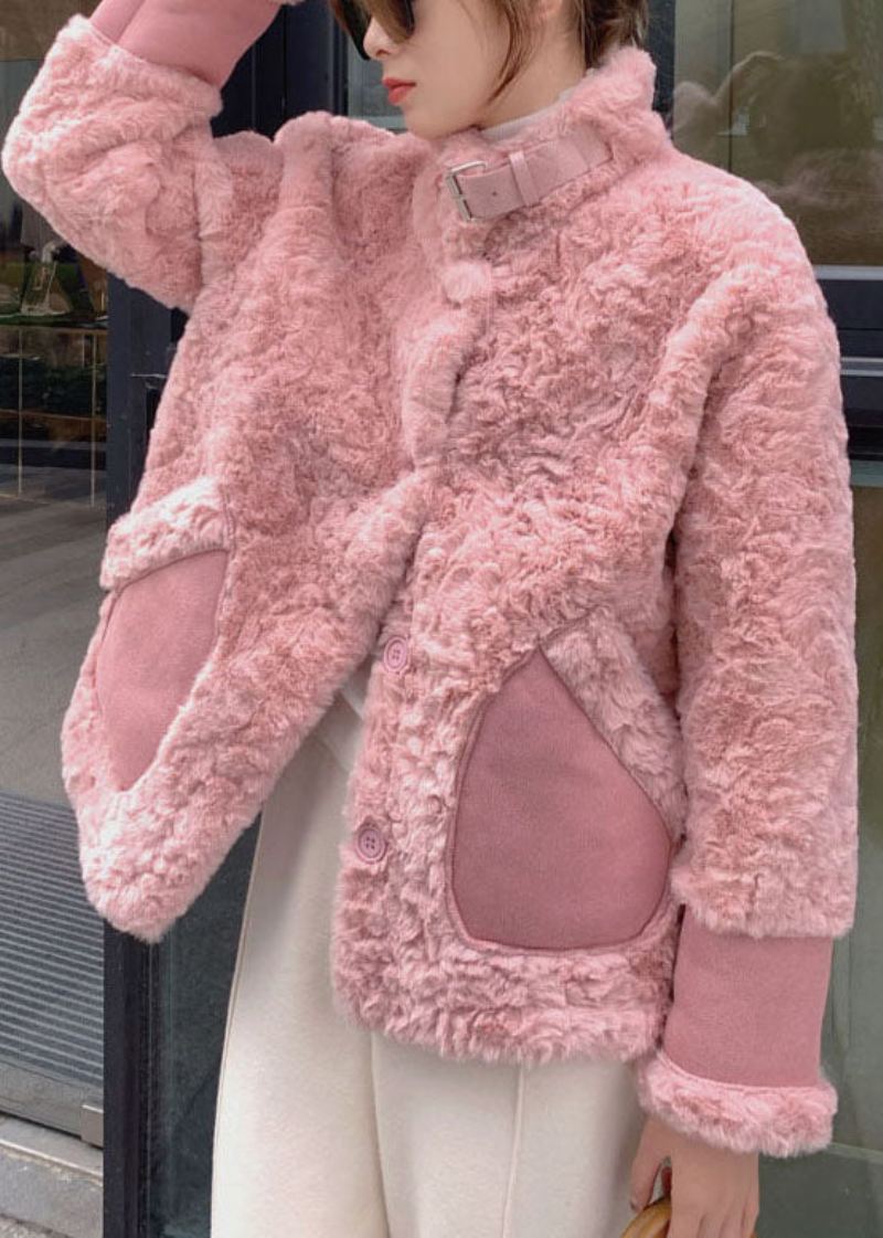 Kvinner Rosa Stativ Krage Lommer Faux Fur Vinterfrakker - Rosa