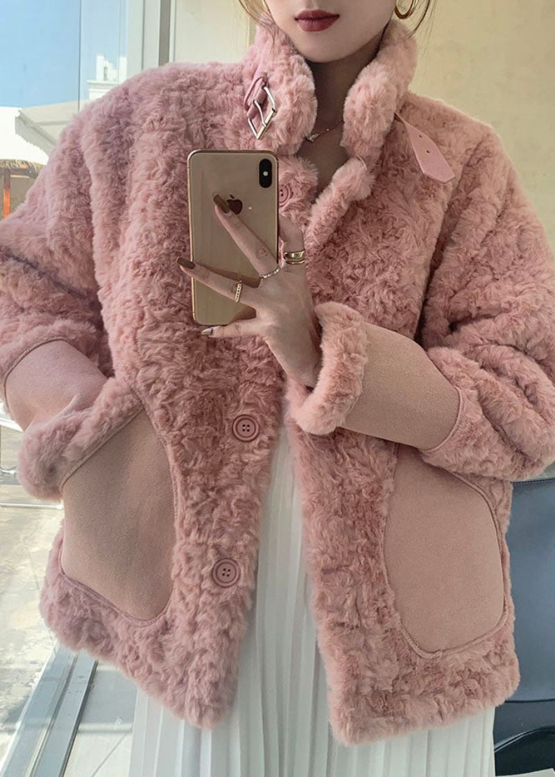 Kvinner Rosa Stativ Krage Lommer Faux Fur Vinterfrakker - Rosa