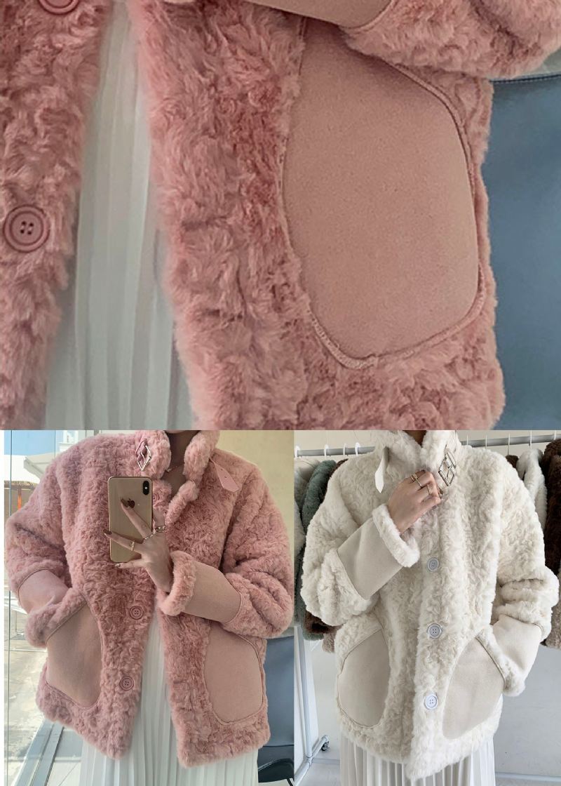 Kvinner Rosa Stativ Krage Lommer Faux Fur Vinterfrakker - Rosa