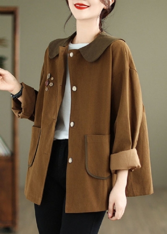 Kvinner Sjokolade Peter Pan Krage Patchwork Cotton Coat Spring