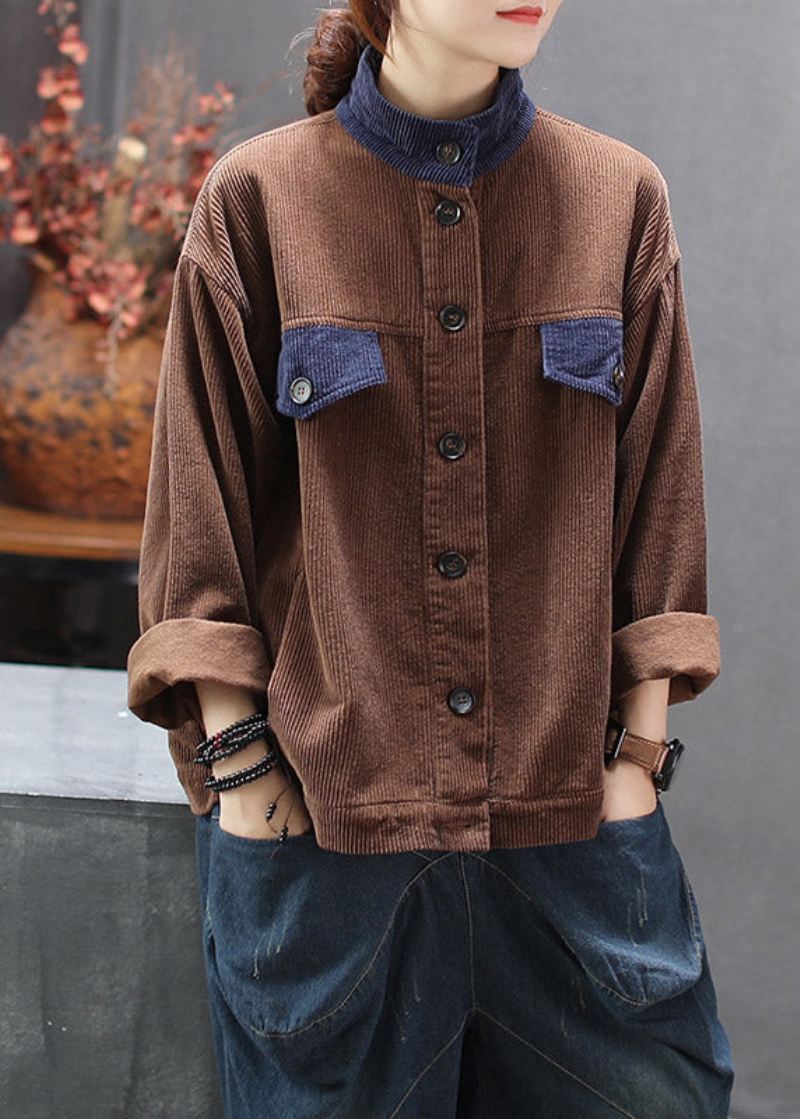 Kvinner Sjokolade Stativ Krage Patchwork Corduroy Coats Spring