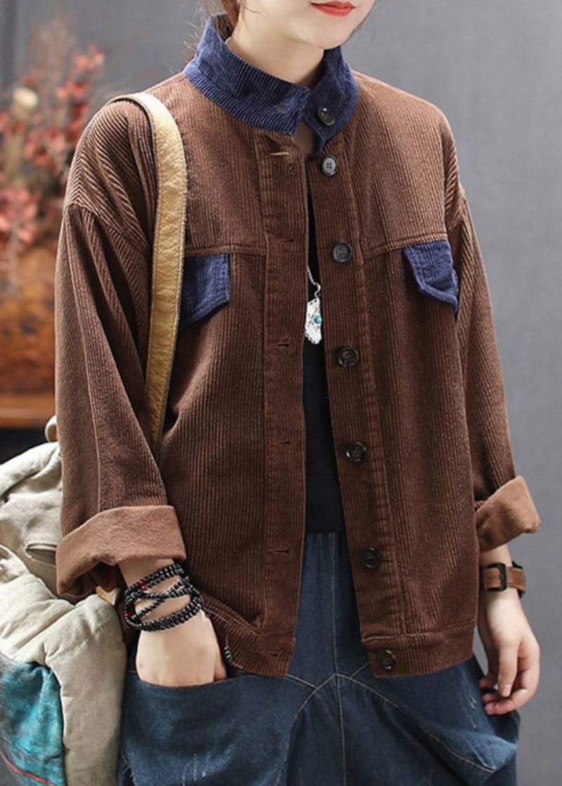 Kvinner Sjokolade Stativ Krage Patchwork Corduroy Coats Spring - Kaffe