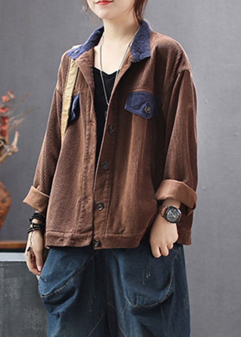 Kvinner Sjokolade Stativ Krage Patchwork Corduroy Coats Spring - Kaffe