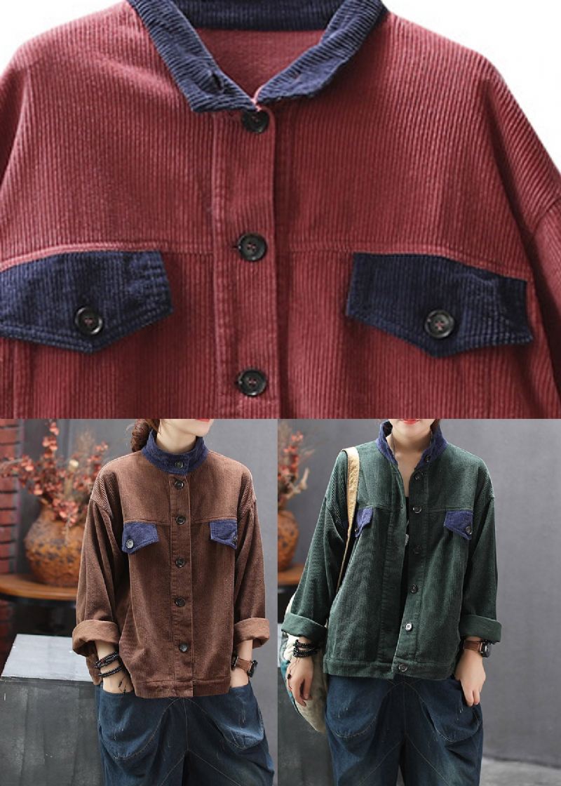 Kvinner Sjokolade Stativ Krage Patchwork Corduroy Coats Spring - Kaffe