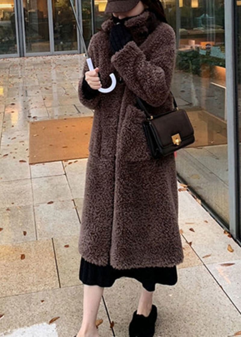 Kvinner Sjokoladefarge Stativ Krageknapp Faux Fur Maxi Coats Vinter - Kaffe