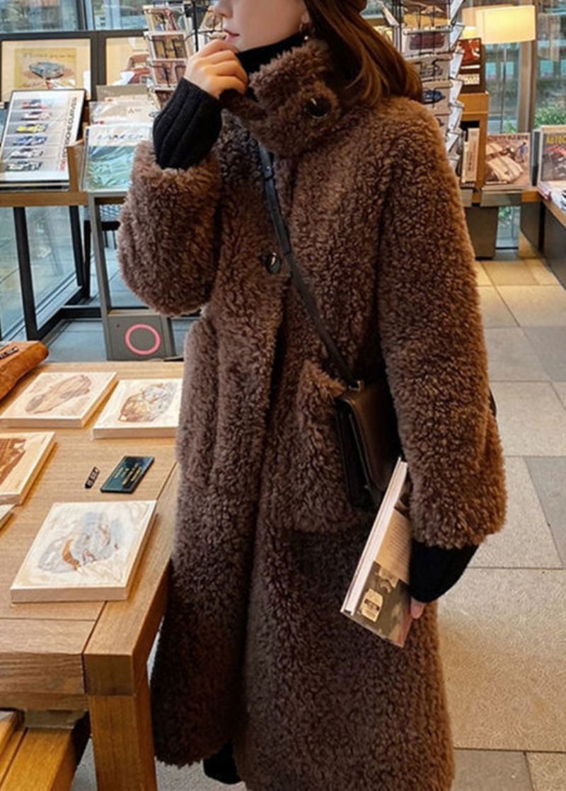 Kvinner Sjokoladefarge Stativ Krageknapp Faux Fur Maxi Coats Vinter - Kaffe