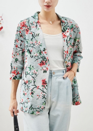 Kvinner Slim Fit Plum Blossom Print Lommer Lin Coats Half Sleeve