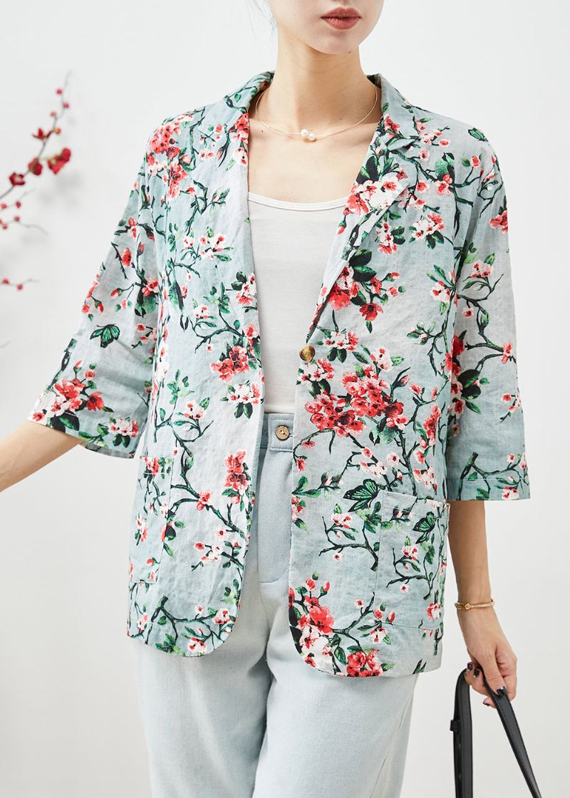 Kvinner Slim Fit Plum Blossom Print Lommer Lin Coats Half Sleeve - Vinterfrakker for kvinner