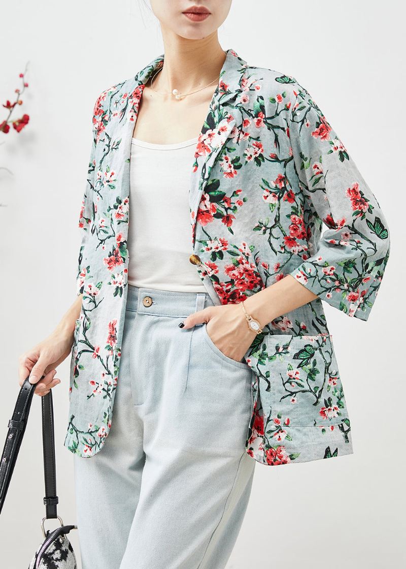 Kvinner Slim Fit Plum Blossom Print Lommer Lin Coats Half Sleeve - Vinterfrakker for kvinner