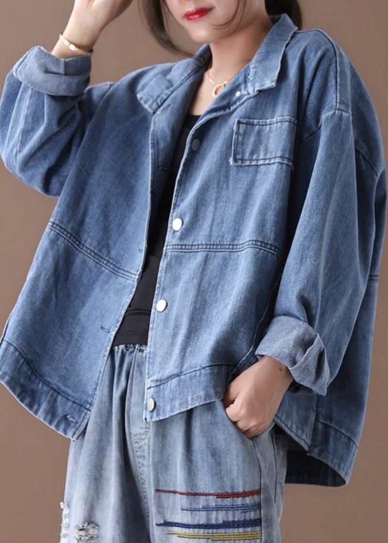 Kvinner Står Krage Fine Casual Kåper Denim Blå