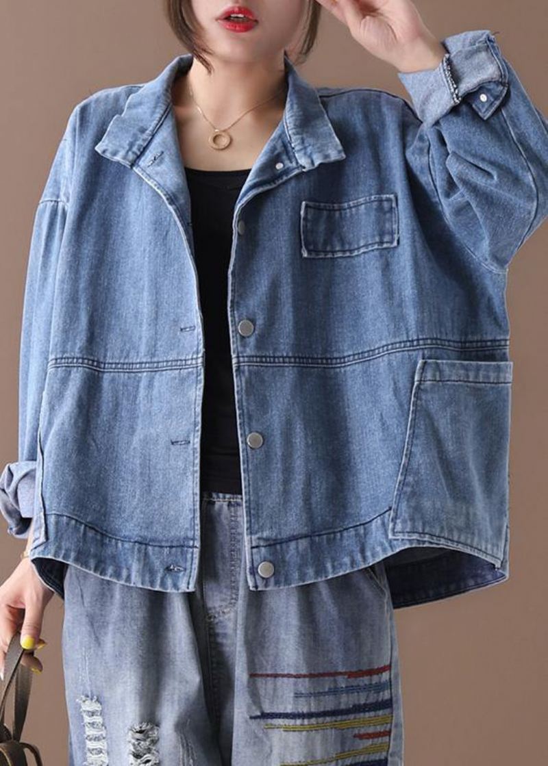 Kvinner Står Krage Fine Casual Kåper Denim Blå - Vinterfrakker for kvinner