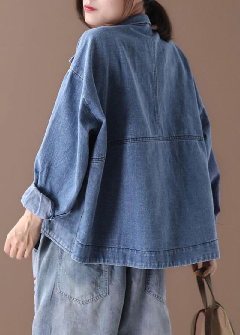 Kvinner Står Krage Fine Casual Kåper Denim Blå - Vinterfrakker for kvinner