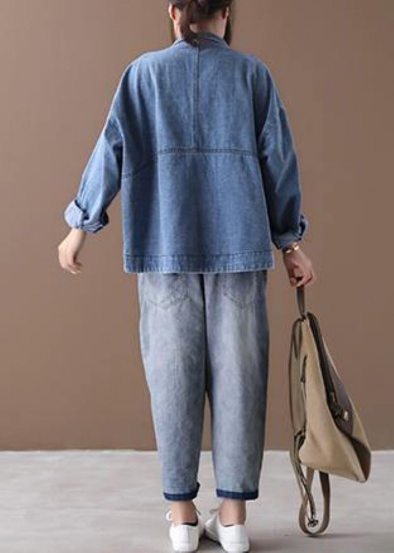 Kvinner Står Krage Fine Casual Kåper Denim Blå - Vinterfrakker for kvinner