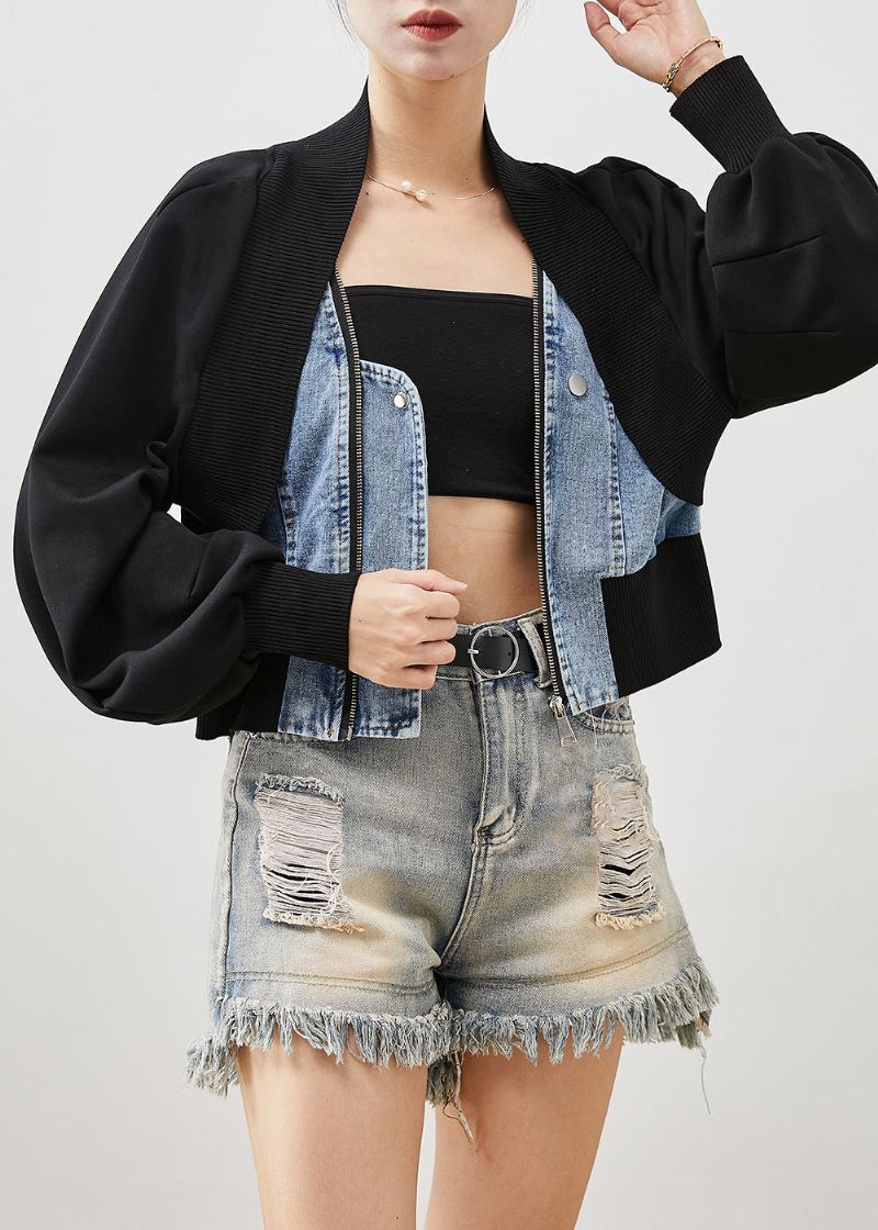 Kvinner Svart Oversized Patchwork Denim Fake Two Piece Coats Spring