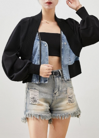 Kvinner Svart Oversized Patchwork Denim Fake Two Piece Coats Spring