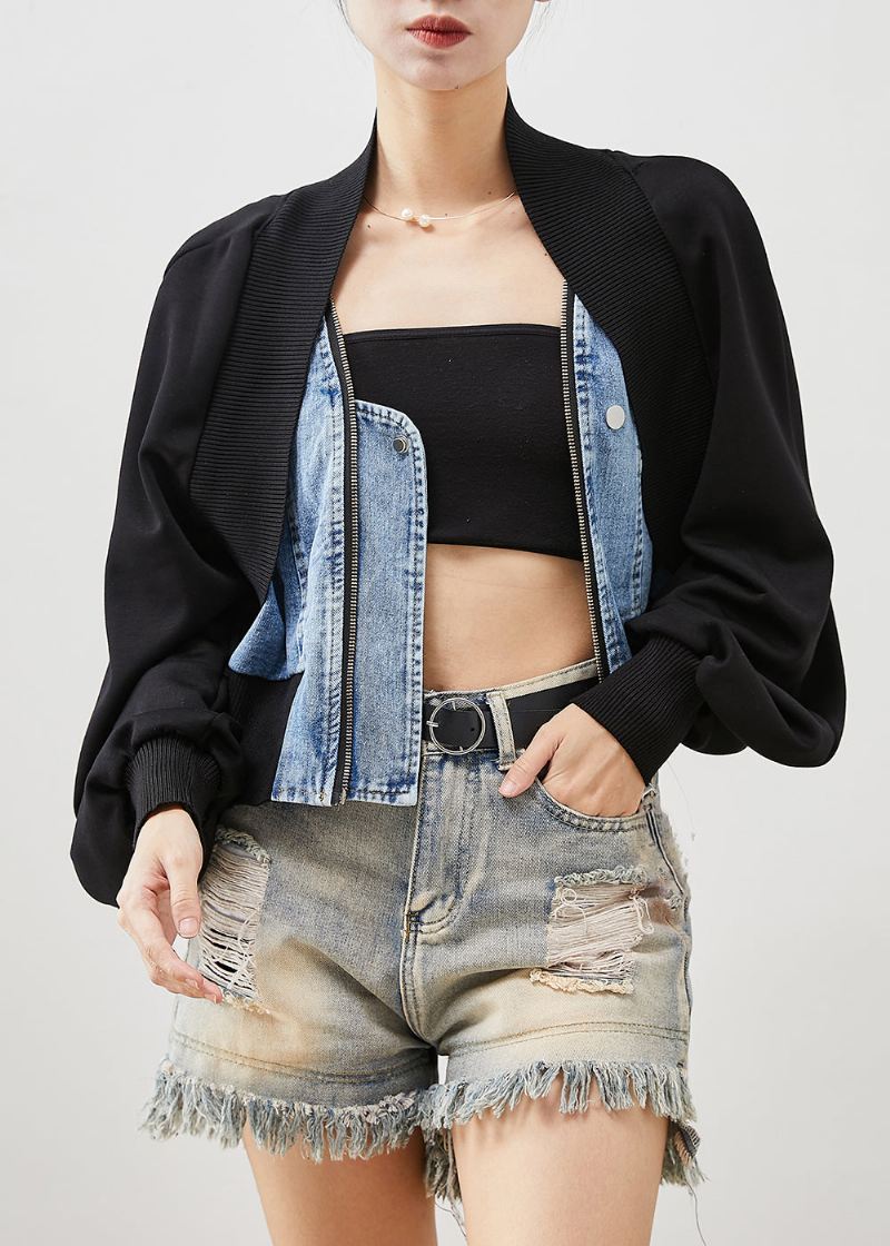 Kvinner Svart Oversized Patchwork Denim Fake Two Piece Coats Spring - Vinterfrakker for kvinner