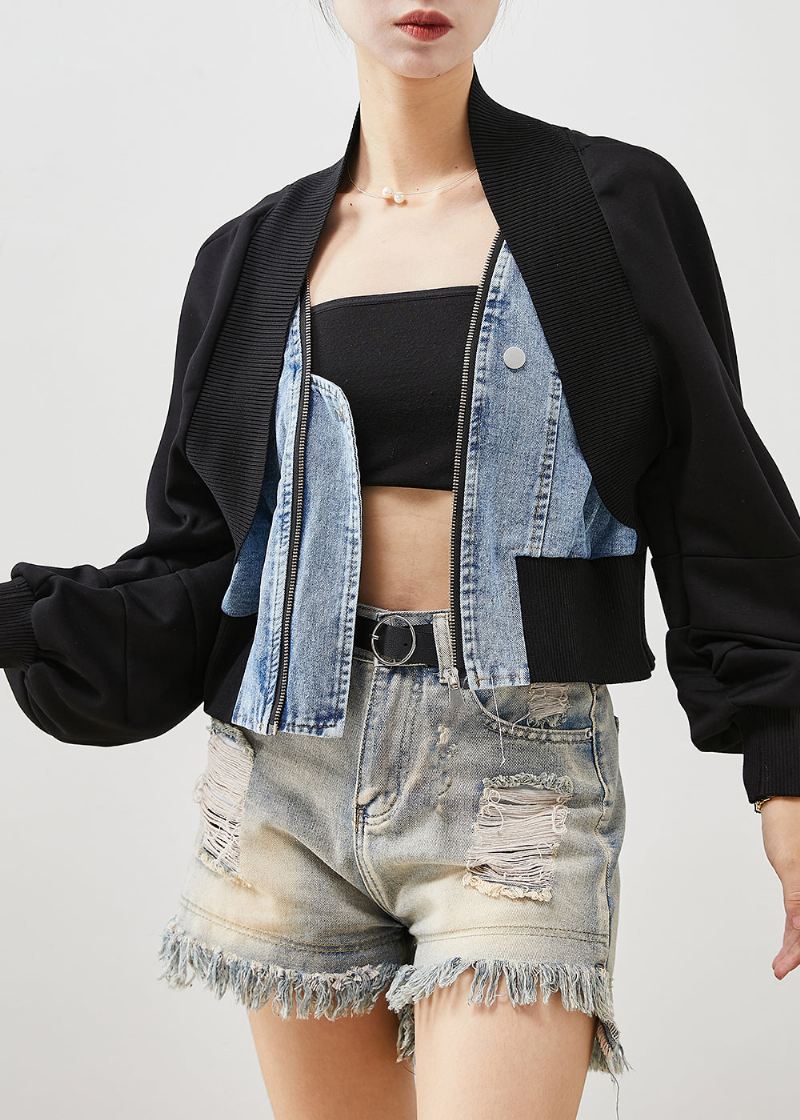 Kvinner Svart Oversized Patchwork Denim Fake Two Piece Coats Spring - Vinterfrakker for kvinner