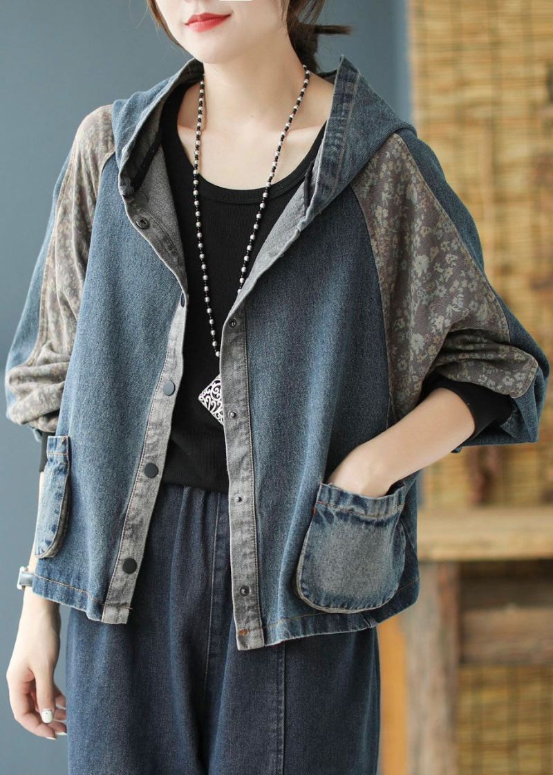 Kvinner Svart Print Patchwork Loose Fall Denim Hoodie Coat - Svart