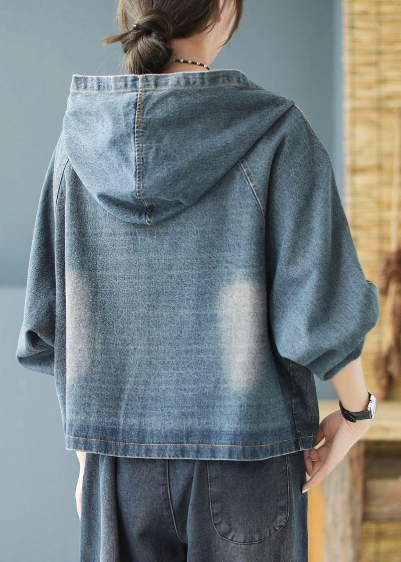 Kvinner Svart Print Patchwork Loose Fall Denim Hoodie Coat - Svart